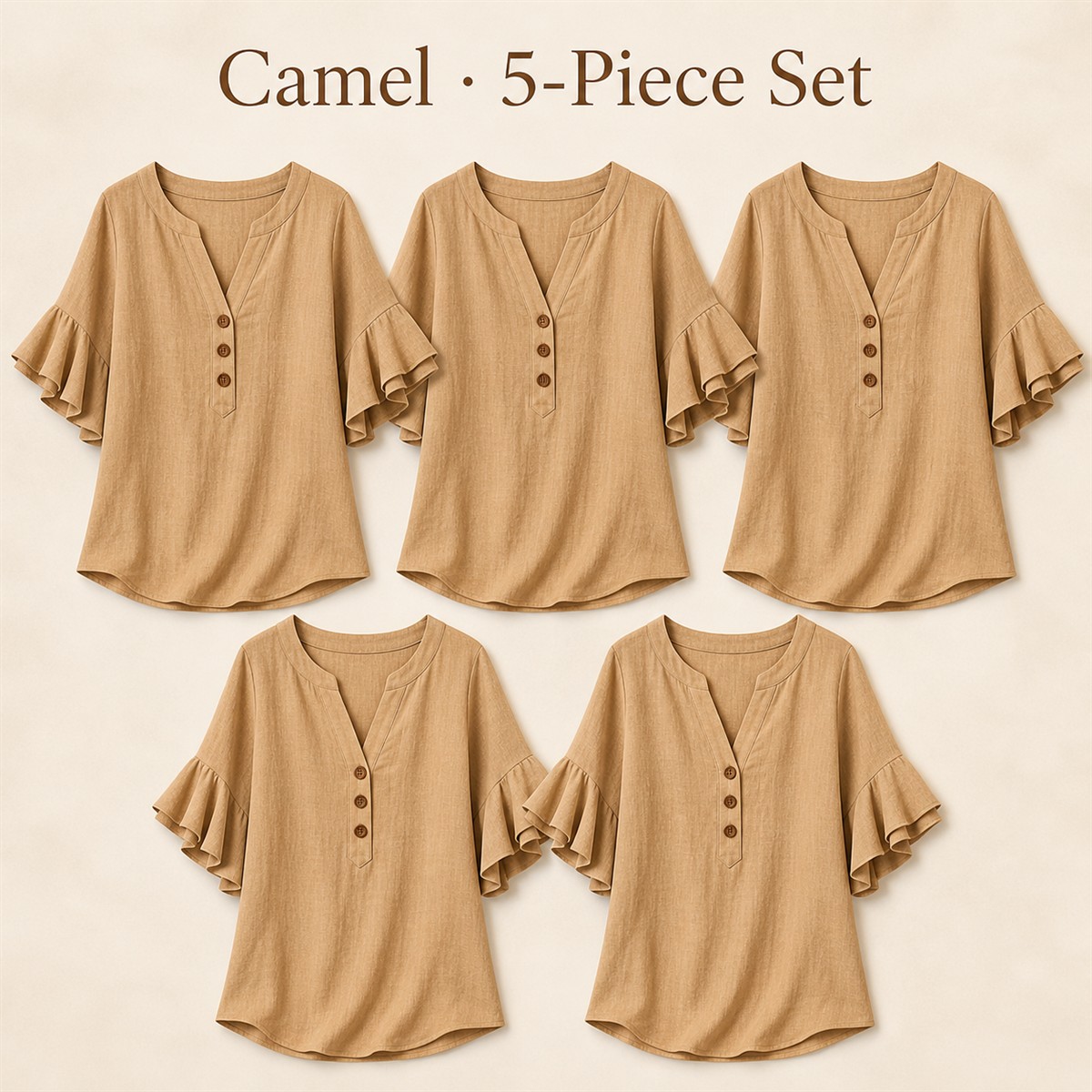 Women's Textured Split-Neck Button Flutter-Sleeve Top - 5-Piece Camel Set - $21.99