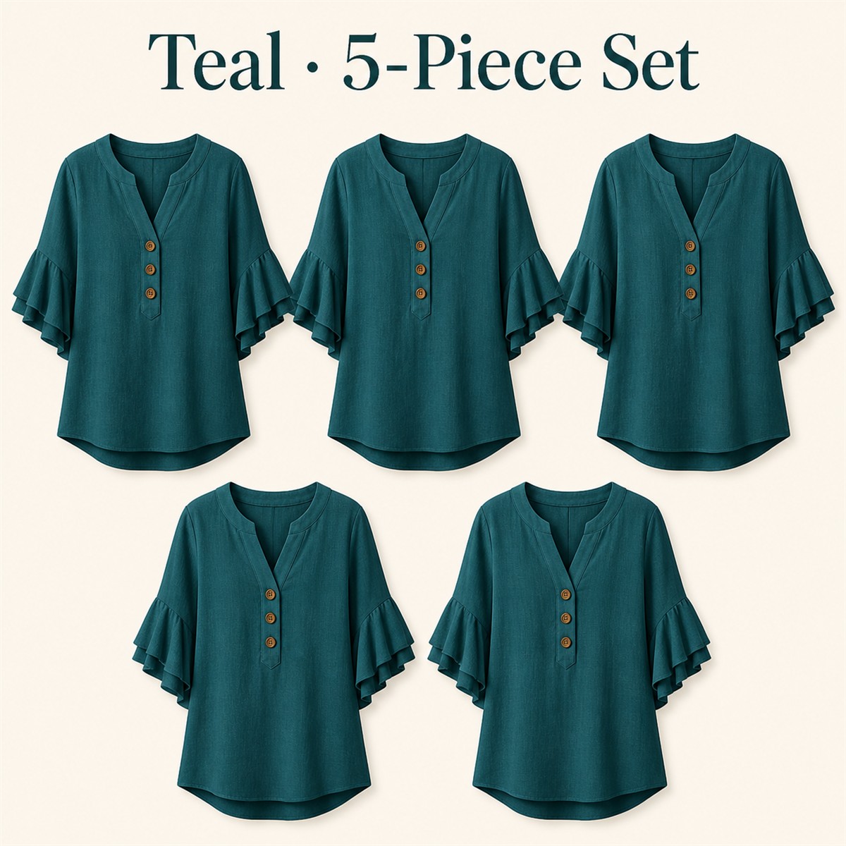 Women's Textured Split-Neck Button Flutter-Sleeve Top - 5-Piece Teal Set - $21.99