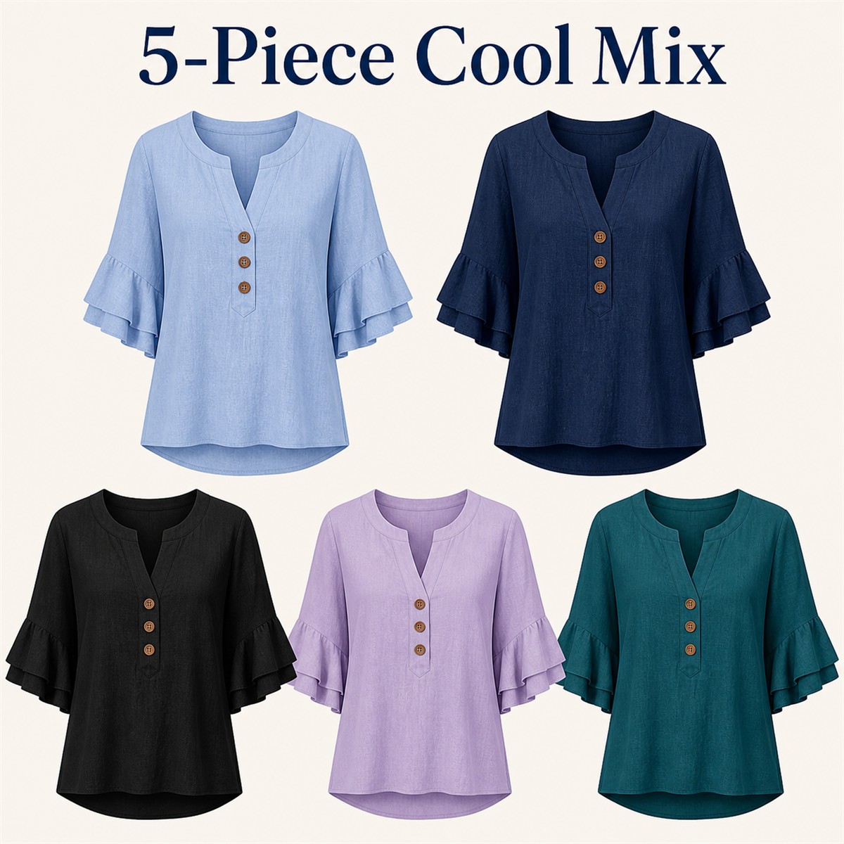 Women's Textured Split-Neck Button Flutter-Sleeve Top - 5-Piece Soft Color Set - $29.99