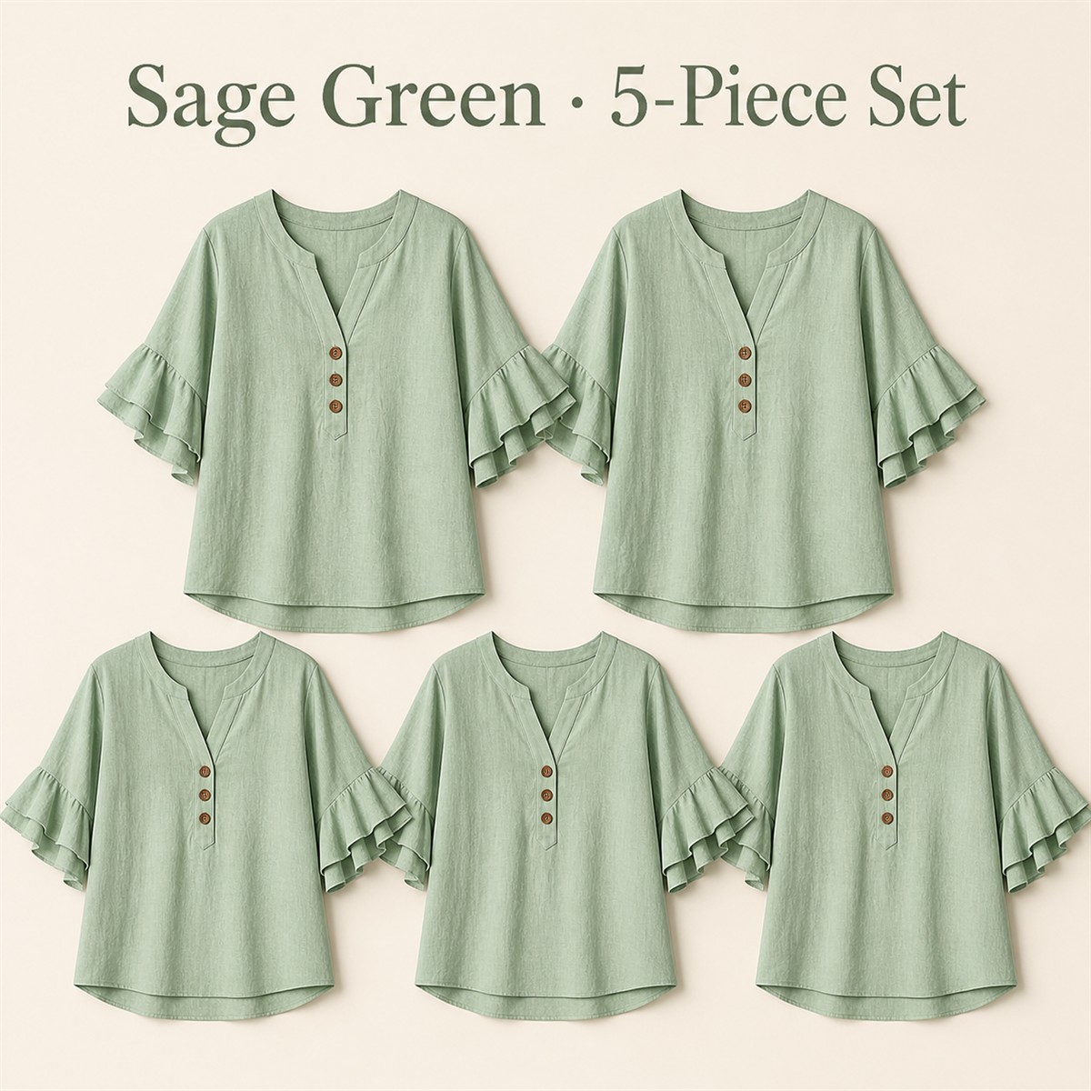 Women's Textured Split-Neck Button Flutter-Sleeve Top - 5-Piece Sage Green Set - $21.99