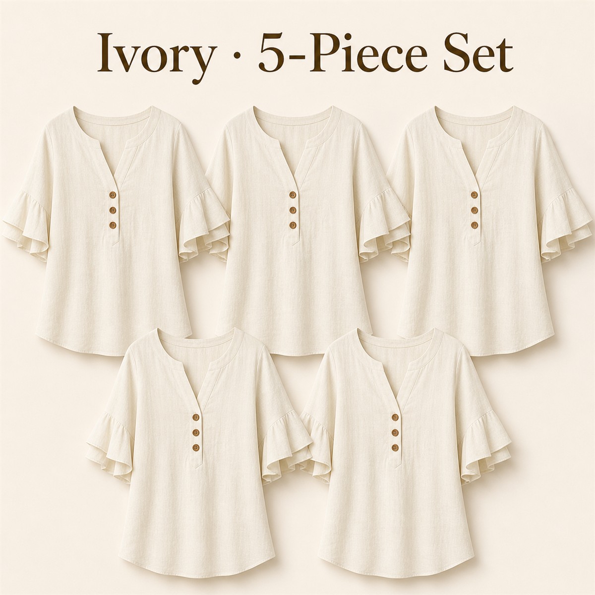Women's Textured Split-Neck Button Flutter-Sleeve Top - 5-Piece Ivory Set - $21.99