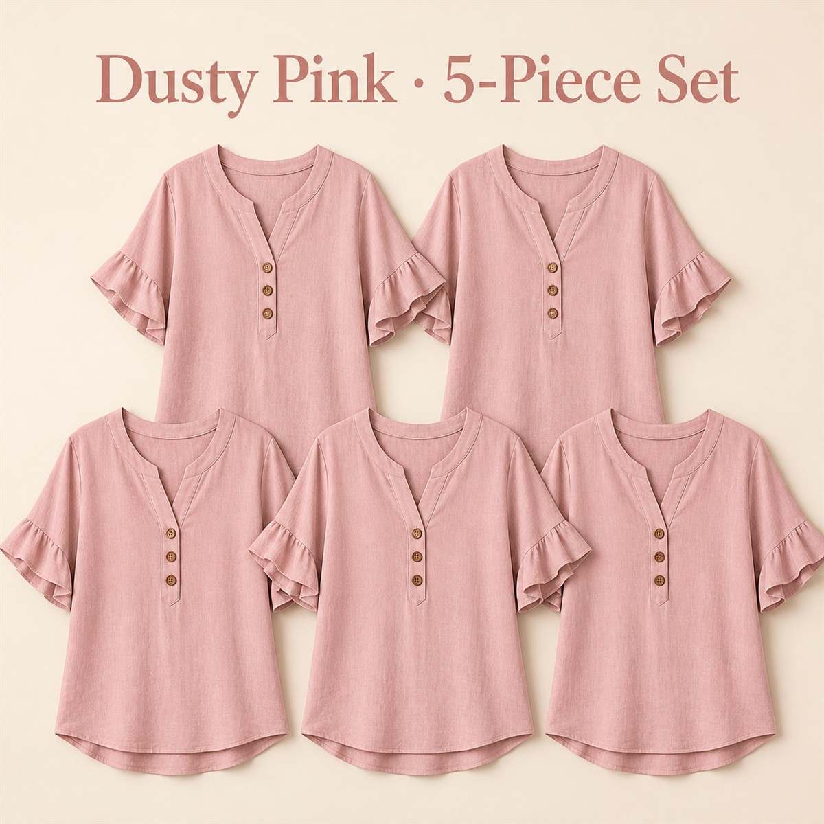 Women's Textured Split-Neck Button Flutter-Sleeve Top - 5-Piece Dusty Pink Set - $21.99