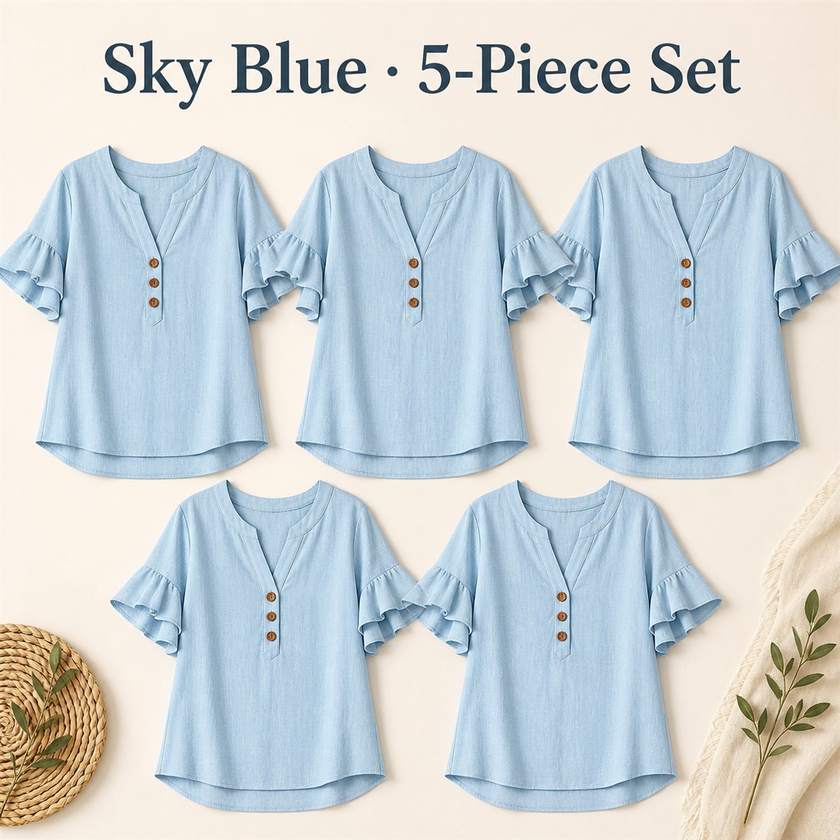 Women's Textured Split-Neck Button Flutter-Sleeve Top - 5-Piece Sky Blue Set - $21.99