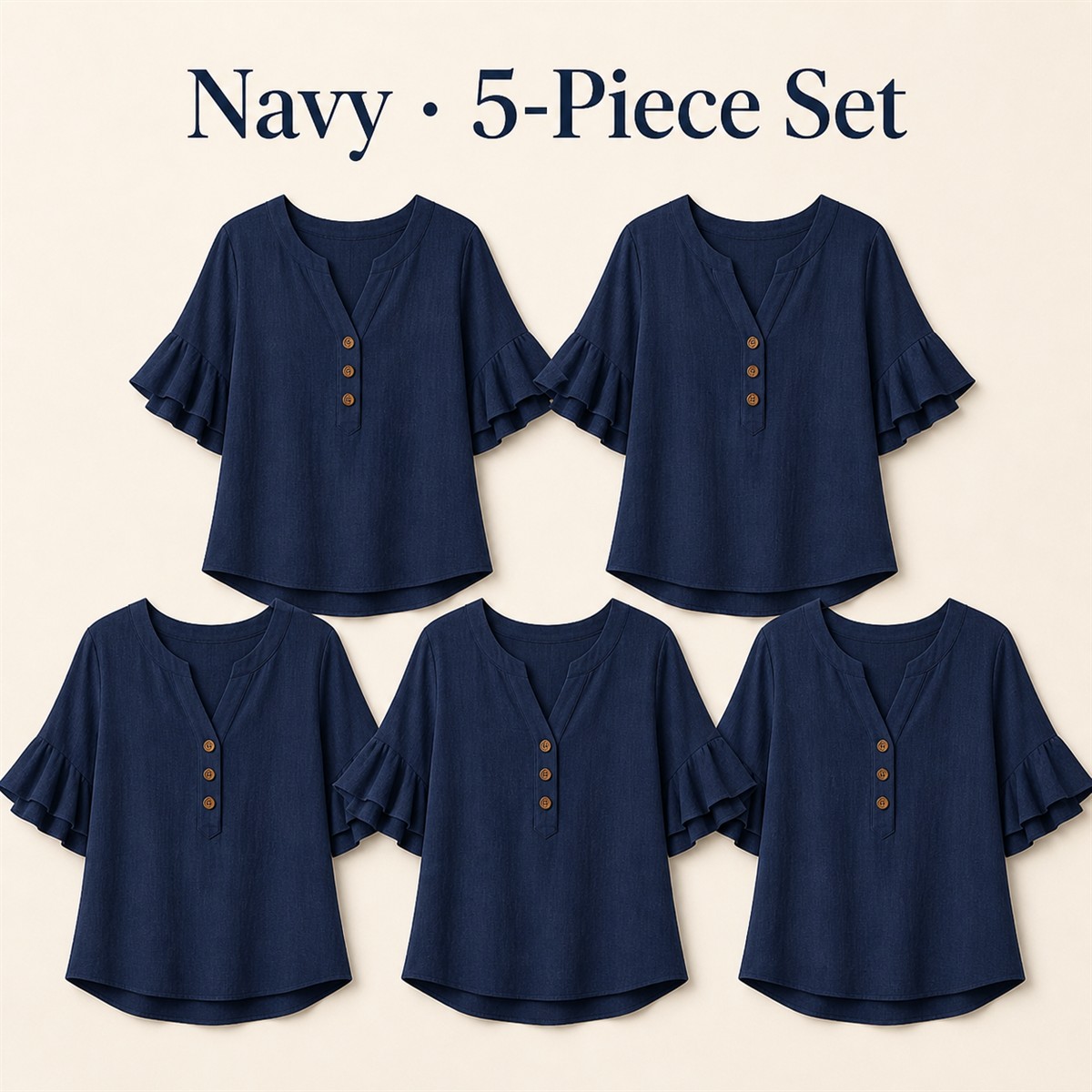 Women's Textured Split-Neck Button Flutter-Sleeve Top - 5-Piece Navy Set - $21.99