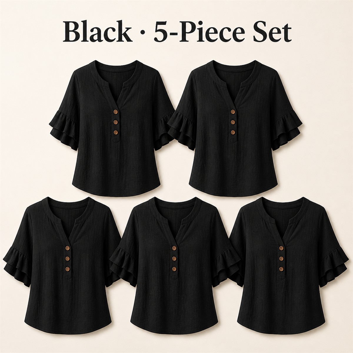 Women's Textured Split-Neck Button Flutter-Sleeve Top - 5-Piece Black Set - $21.99