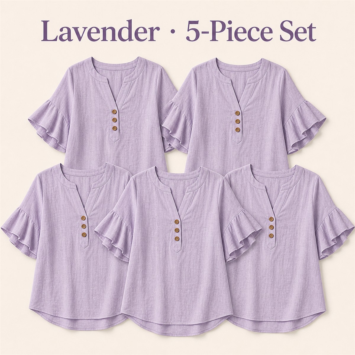 Women's Textured Split-Neck Button Flutter-Sleeve Top - 5-Piece Lavender Set - $21.99