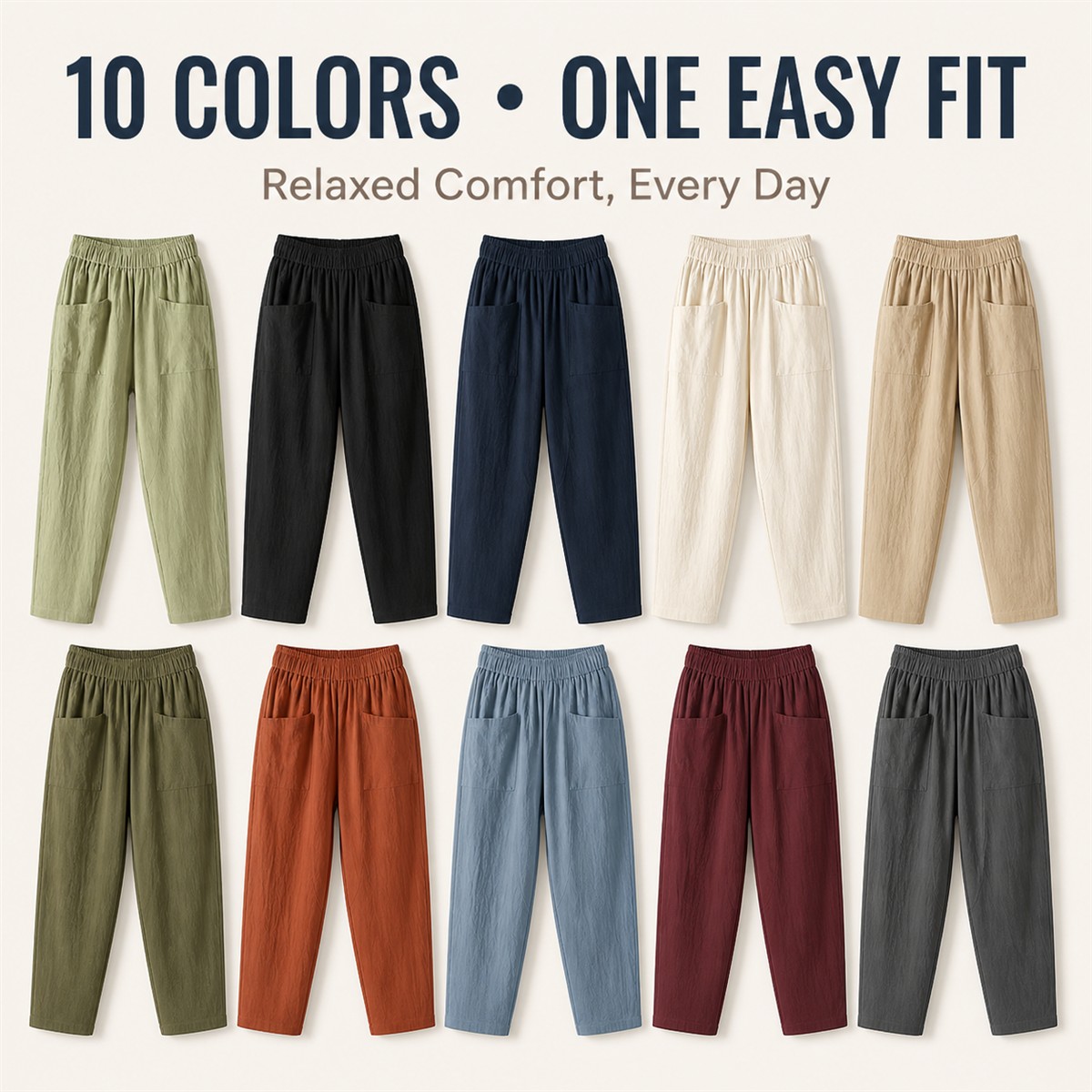 Women's Relaxed Elastic-Waist Tapered Pants with Patch Pockets - 10-Pack Complete Color Collection - $38.99