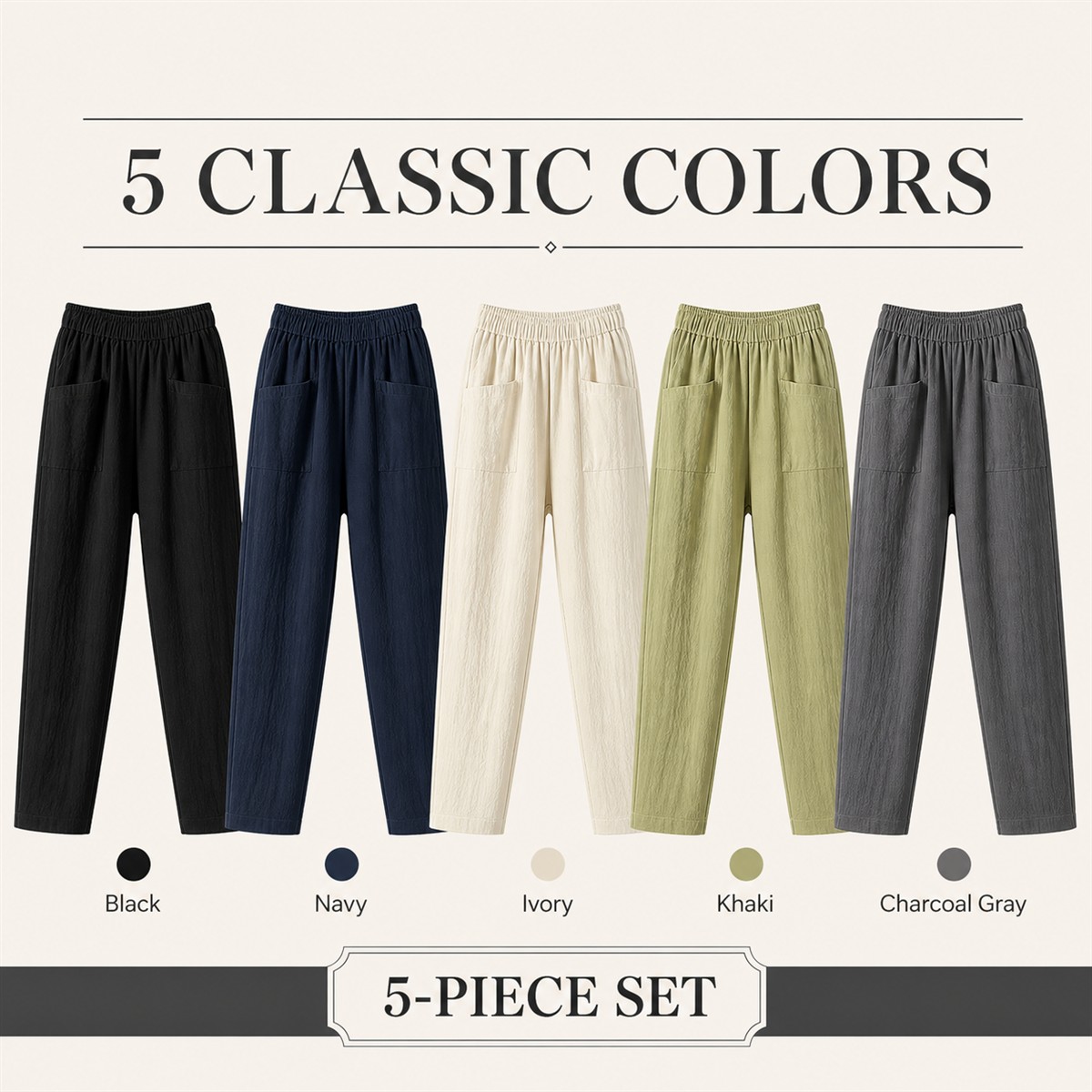 Women's Relaxed Elastic-Waist Tapered Pants with Patch Pockets - 5-Piece Classic Color Set - $30.99
