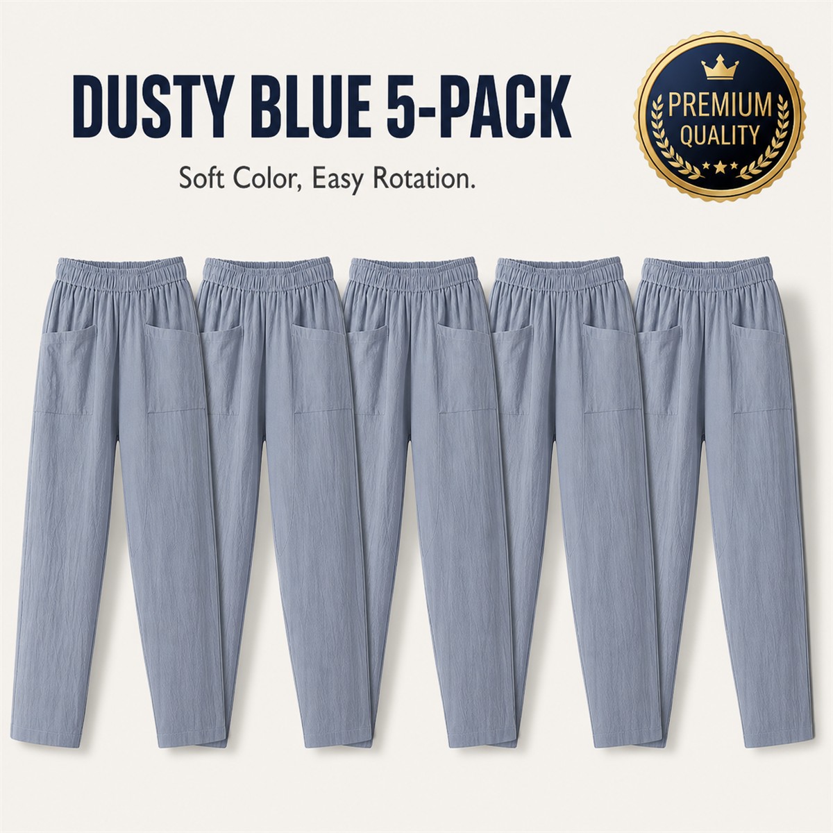 Women's Relaxed Elastic-Waist Tapered Pants with Patch Pockets - 5-Piece Dusty Blue Set - $22.99