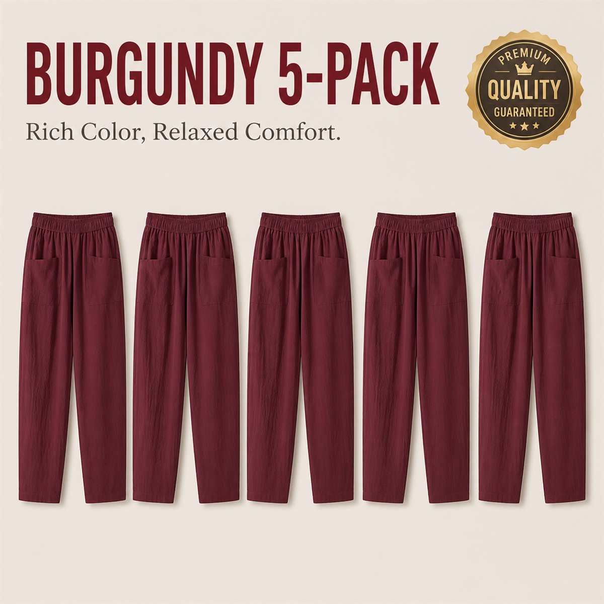 Women's Relaxed Elastic-Waist Tapered Pants with Patch Pockets - 5-Piece Burgundy Set - $22.99