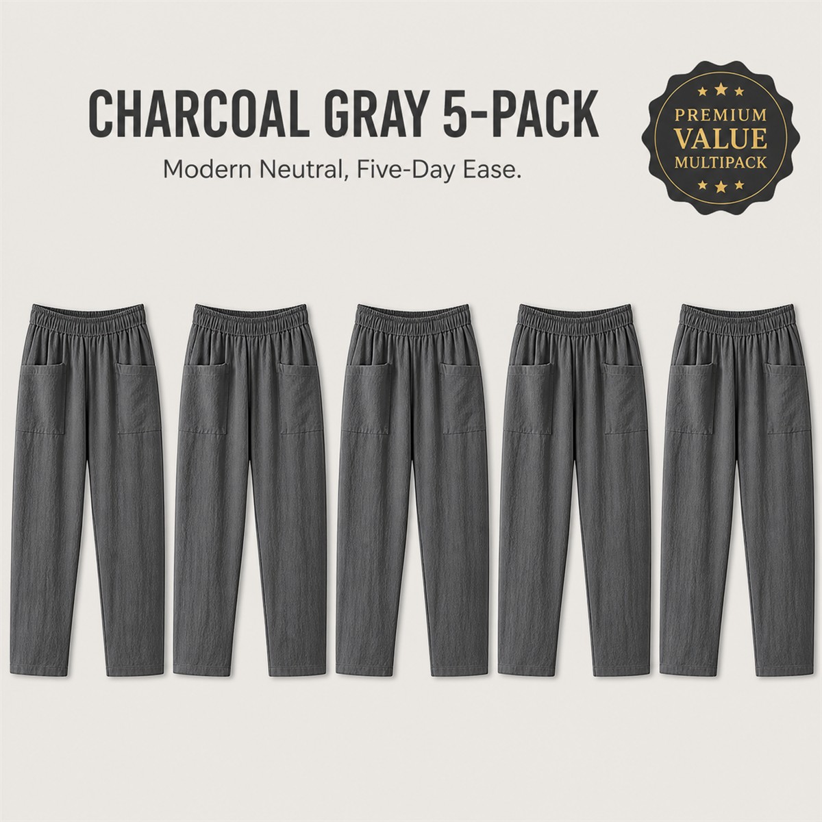 Women's Relaxed Elastic-Waist Tapered Pants with Patch Pockets - 5-Piece Charcoal Gray Set - $22.99