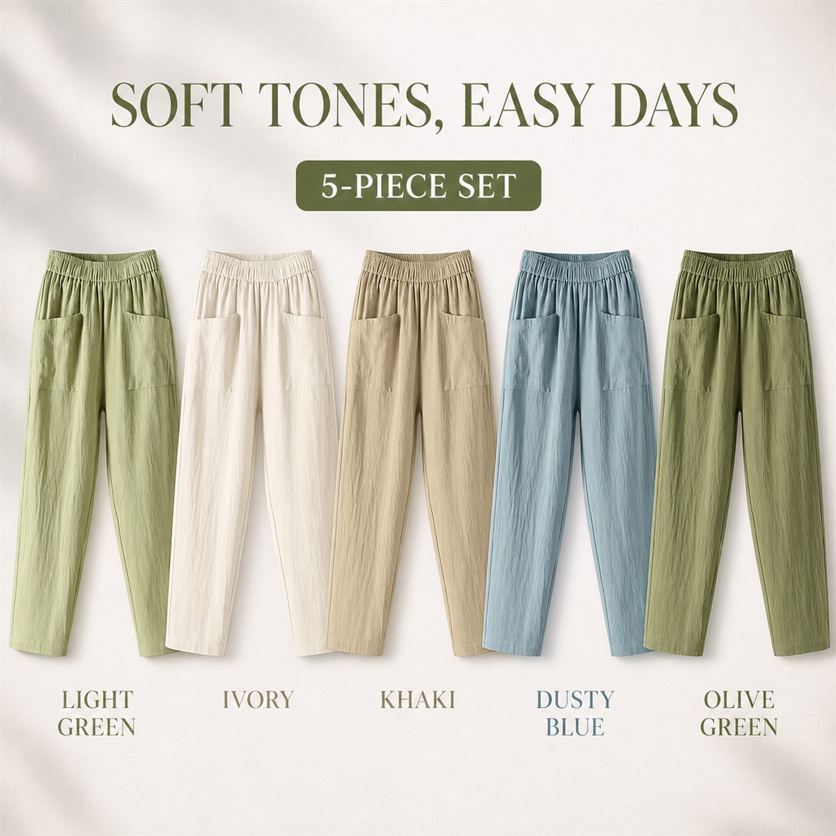 Women's Relaxed Elastic-Waist Tapered Pants with Patch Pockets - 5-Piece Soft Color Set - $30.99