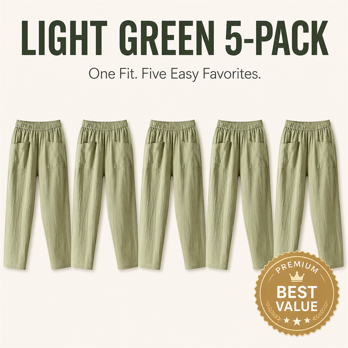 Women's Relaxed Elastic-Waist Tapered Pants with Patch Pockets - 5-Piece Light Green Set - $22.99
