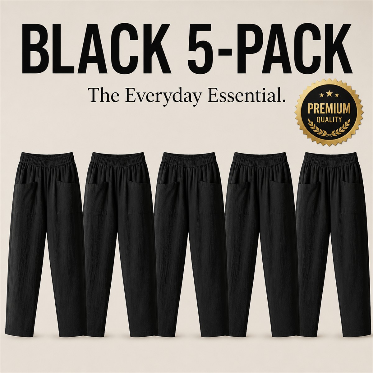 Women's Relaxed Elastic-Waist Tapered Pants with Patch Pockets - 5-Piece Black Set - $22.99