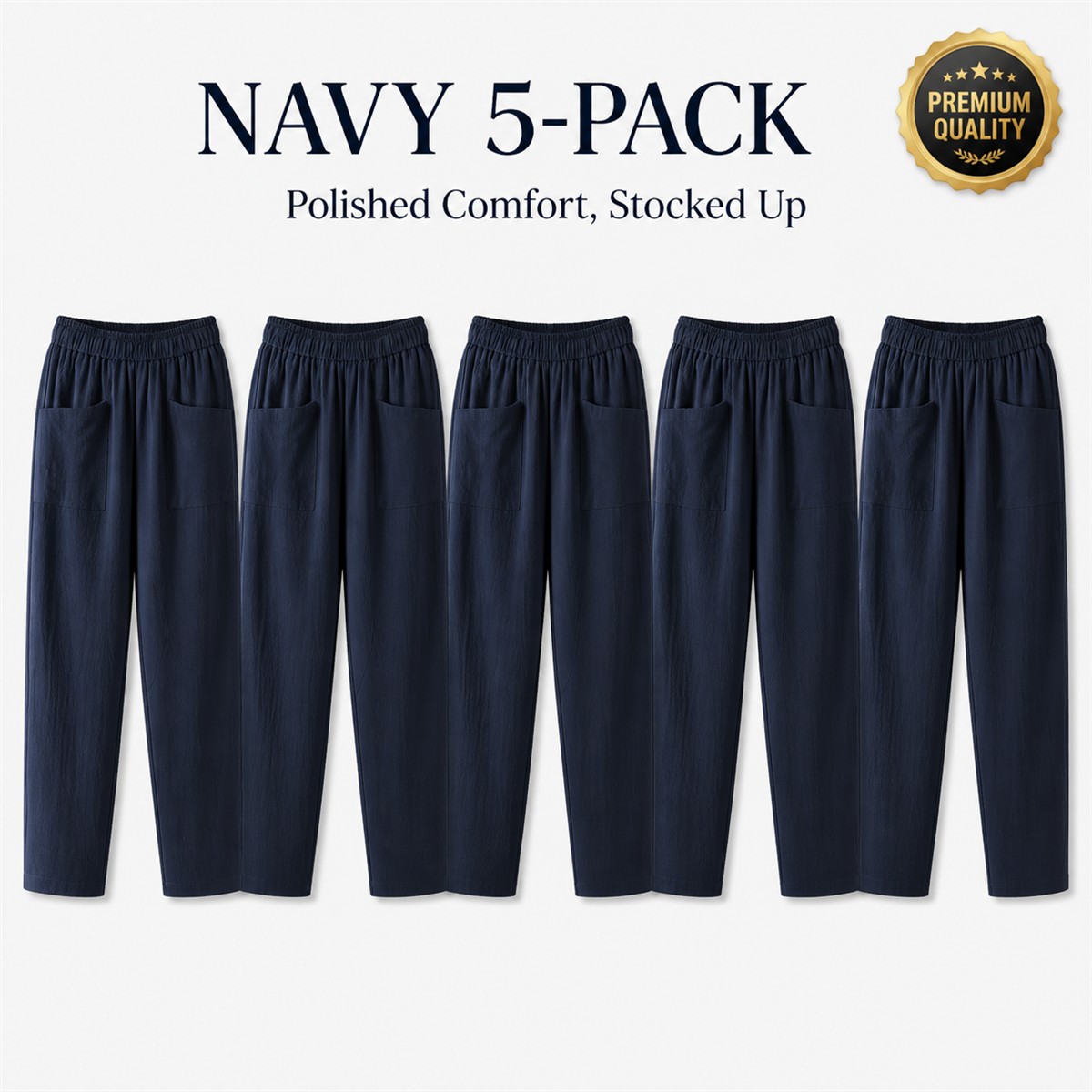 Women's Relaxed Elastic-Waist Tapered Pants with Patch Pockets - 5-Piece Navy Set - $22.99