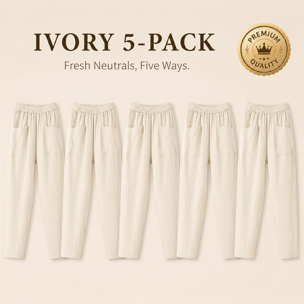 Women's Relaxed Elastic-Waist Tapered Pants with Patch Pockets - 5-Piece Ivory Set - $22.99