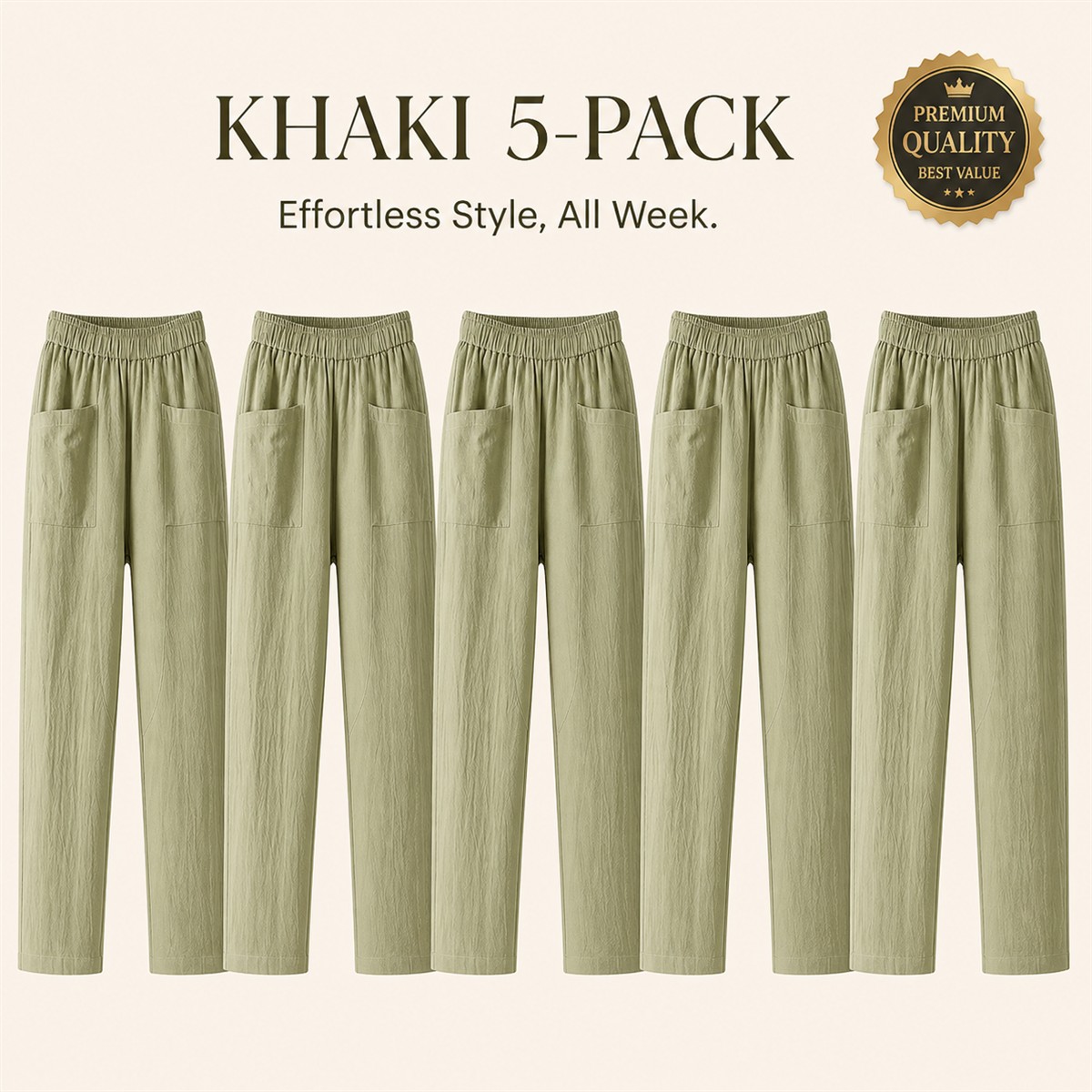 Women's Relaxed Elastic-Waist Tapered Pants with Patch Pockets - 5-Piece Khaki Set - $22.99