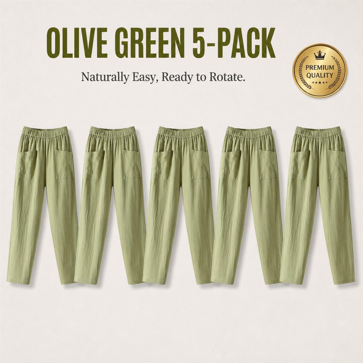 Women's Relaxed Elastic-Waist Tapered Pants with Patch Pockets - 5-Piece Olive Green Set - $22.99