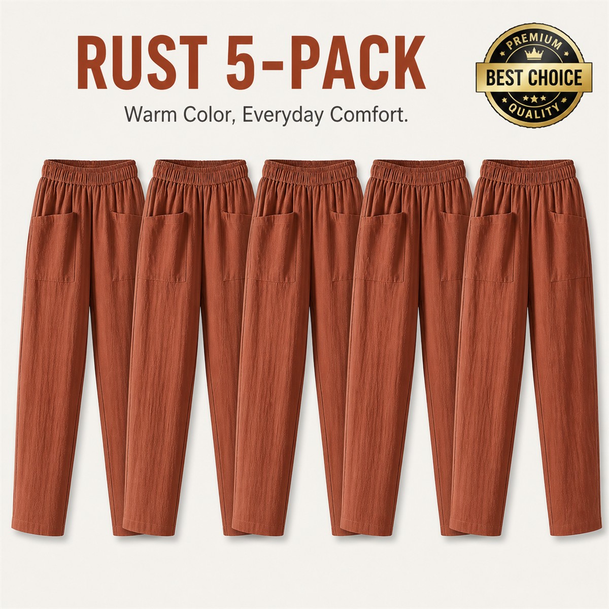 Women's Relaxed Elastic-Waist Tapered Pants with Patch Pockets - 5-Piece Rust Set - $22.99
