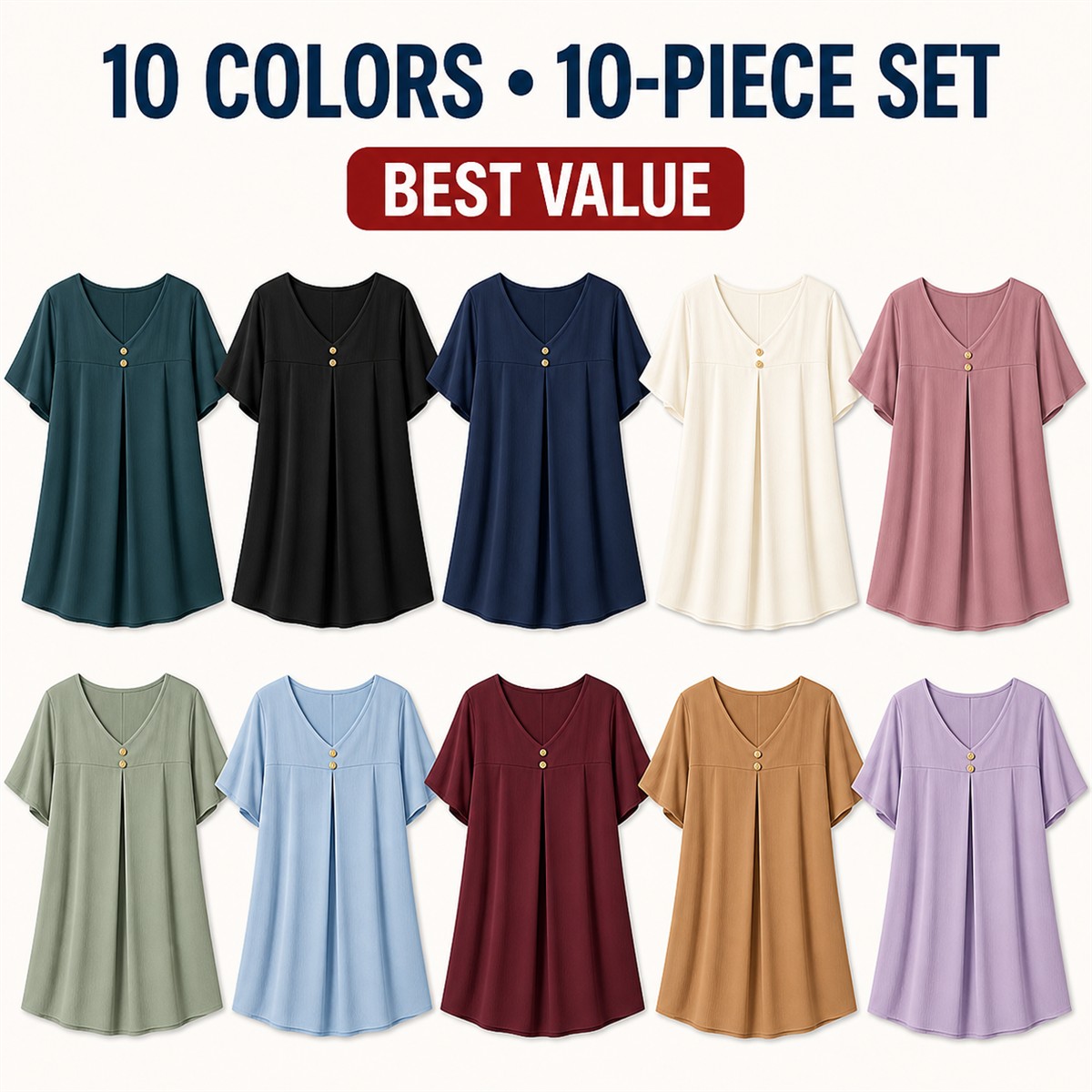 Women's Pleated V-Neck Double-Layer Sleeve Tunic Top - 10-Pack Complete Color Collection - $37.99