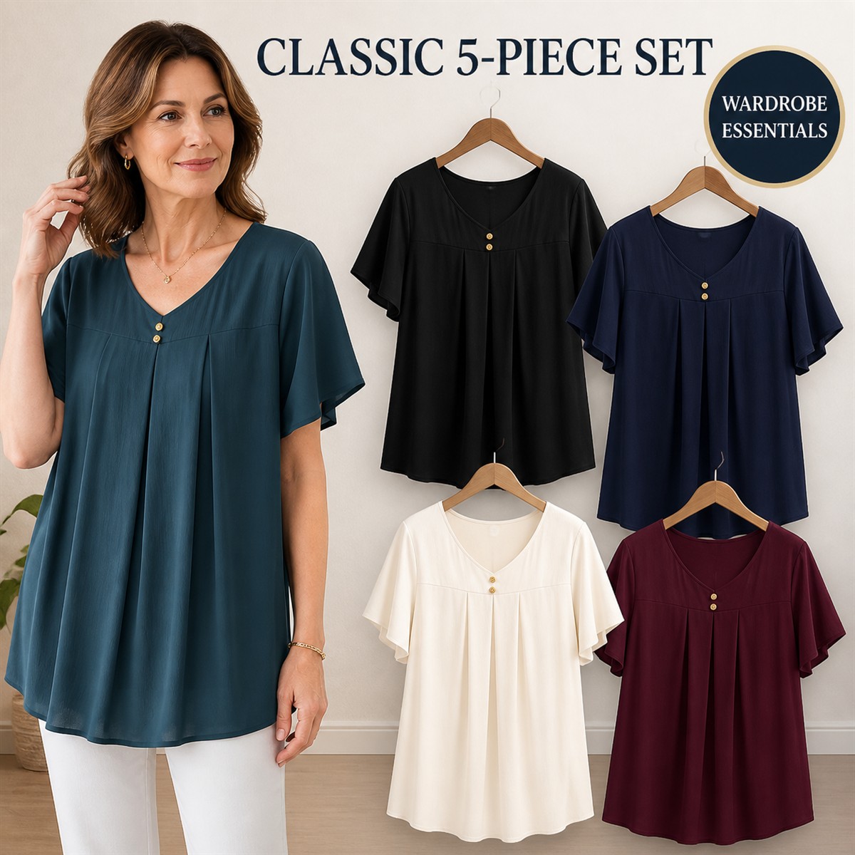 Women's Pleated V-Neck Double-Layer Sleeve Tunic Top - 5-Piece Classic Color Set - $29.99