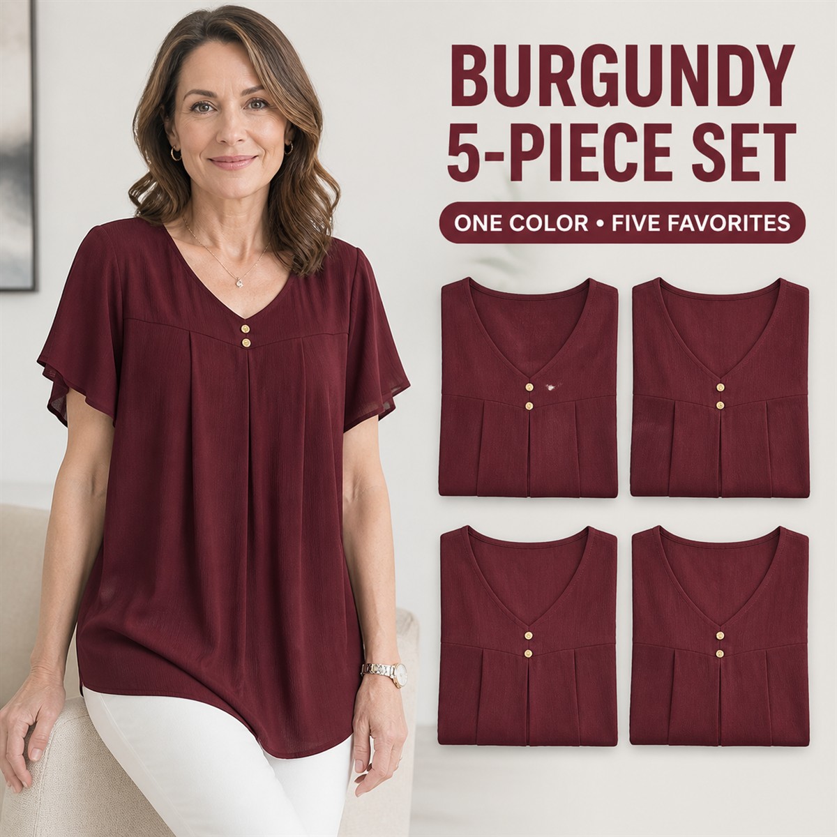 Women's Pleated V-Neck Double-Layer Sleeve Tunic Top - 5-Piece Burgundy Set - $21.99