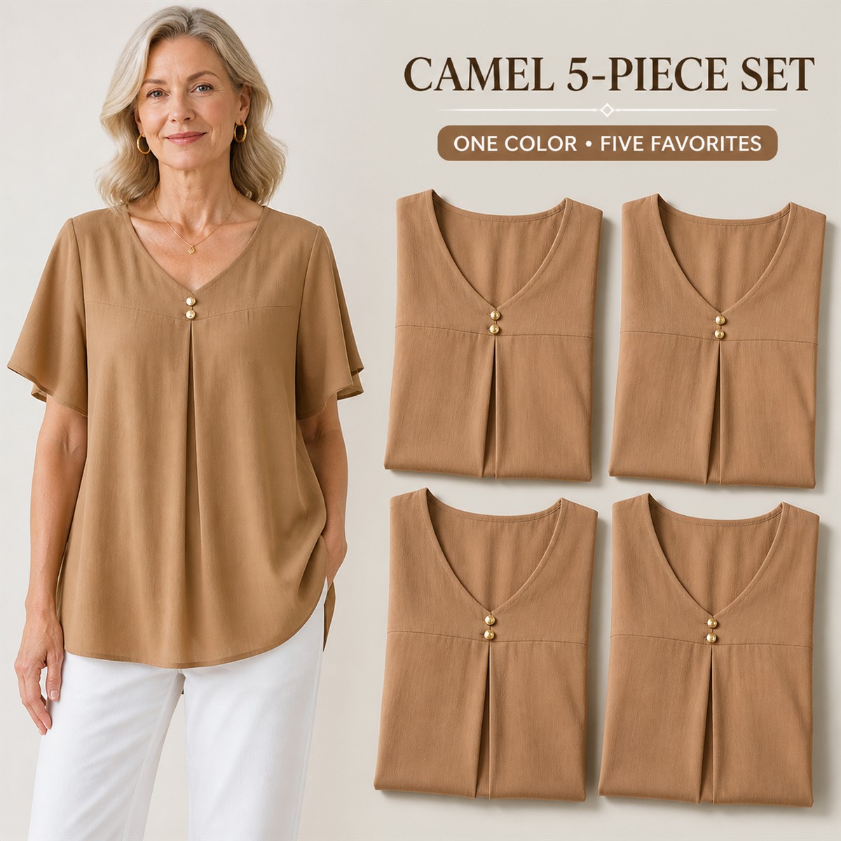 Women's Pleated V-Neck Double-Layer Sleeve Tunic Top - 5-Piece Camel Set - $21.99