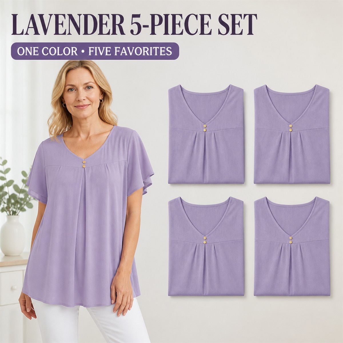 Women's Pleated V-Neck Double-Layer Sleeve Tunic Top - 5-Piece Lavender Set - $21.99
