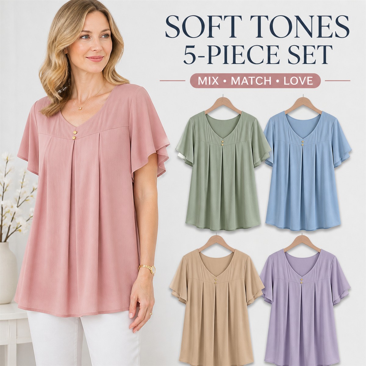 Women's Pleated V-Neck Double-Layer Sleeve Tunic Top - 5-Piece Soft Color Set - $29.99