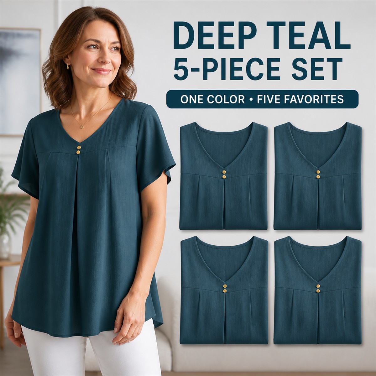 Women's Pleated V-Neck Double-Layer Sleeve Tunic Top - 5-Piece Deep Teal Set - $21.99