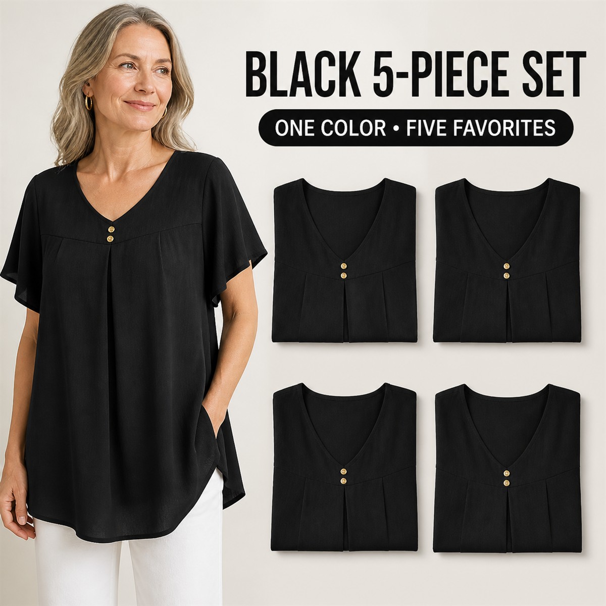 Women's Pleated V-Neck Double-Layer Sleeve Tunic Top - 5-Piece Black Set - $21.99