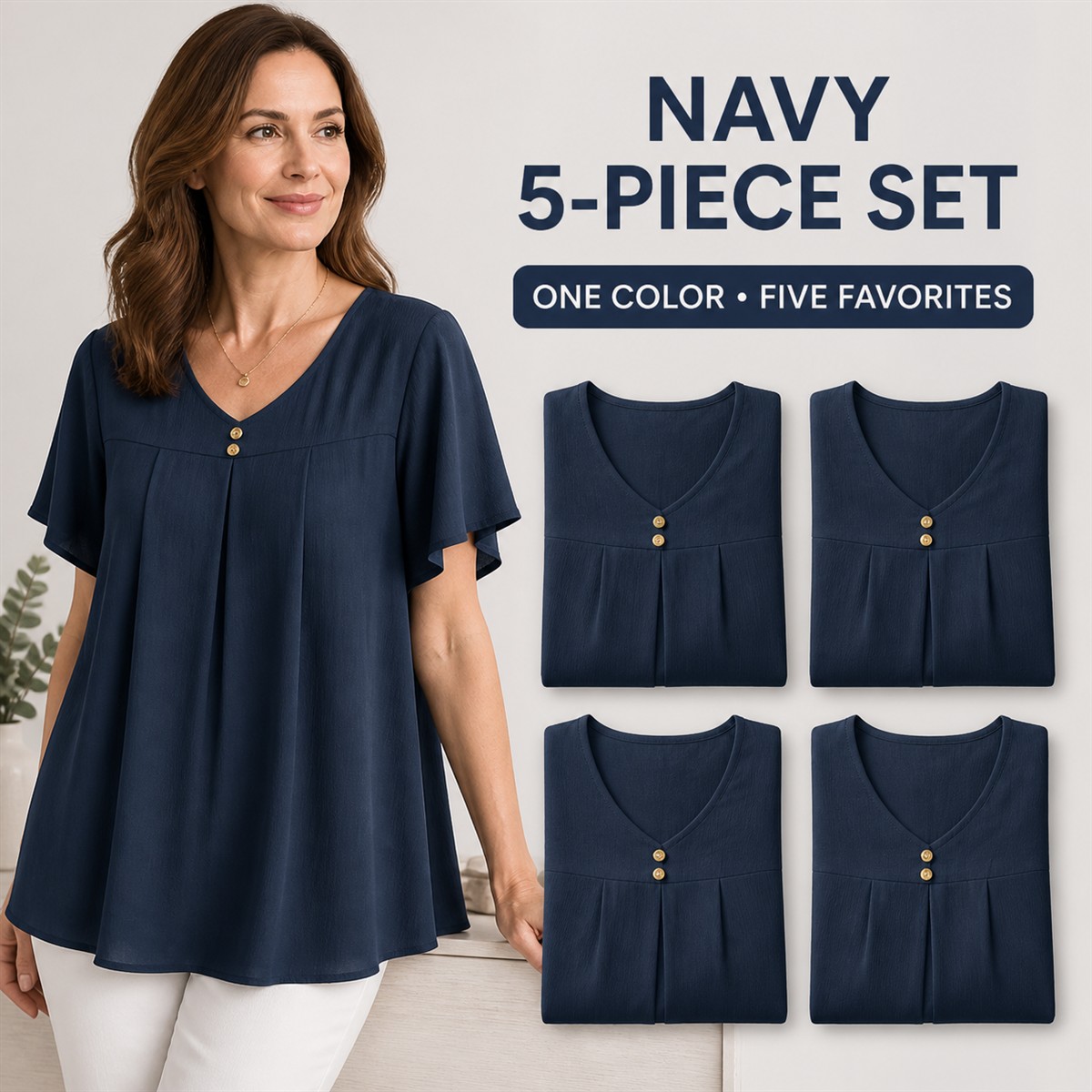 Women's Pleated V-Neck Double-Layer Sleeve Tunic Top - 5-Piece Navy Set - $21.99