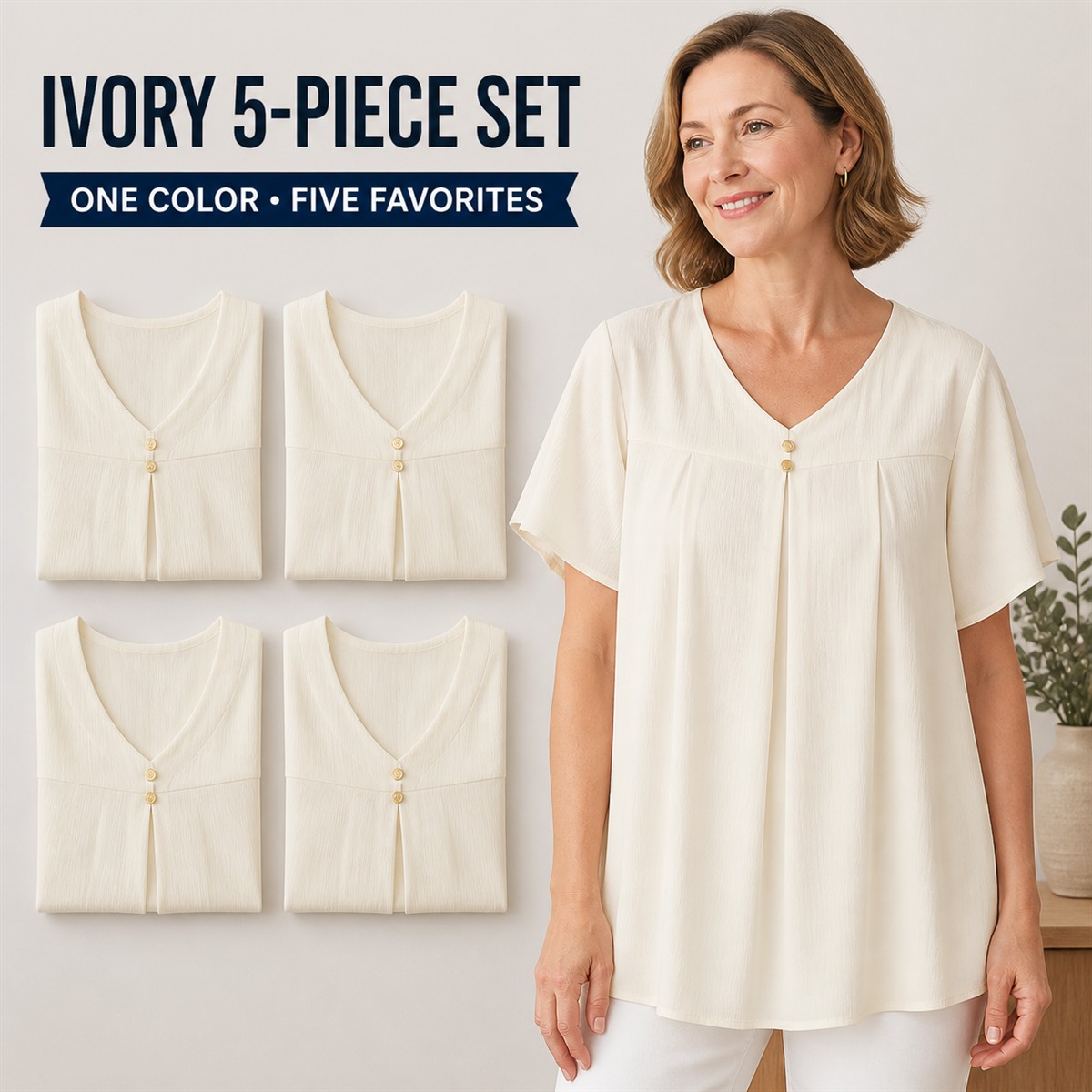 Women's Pleated V-Neck Double-Layer Sleeve Tunic Top - 5-Piece Ivory Set - $21.99