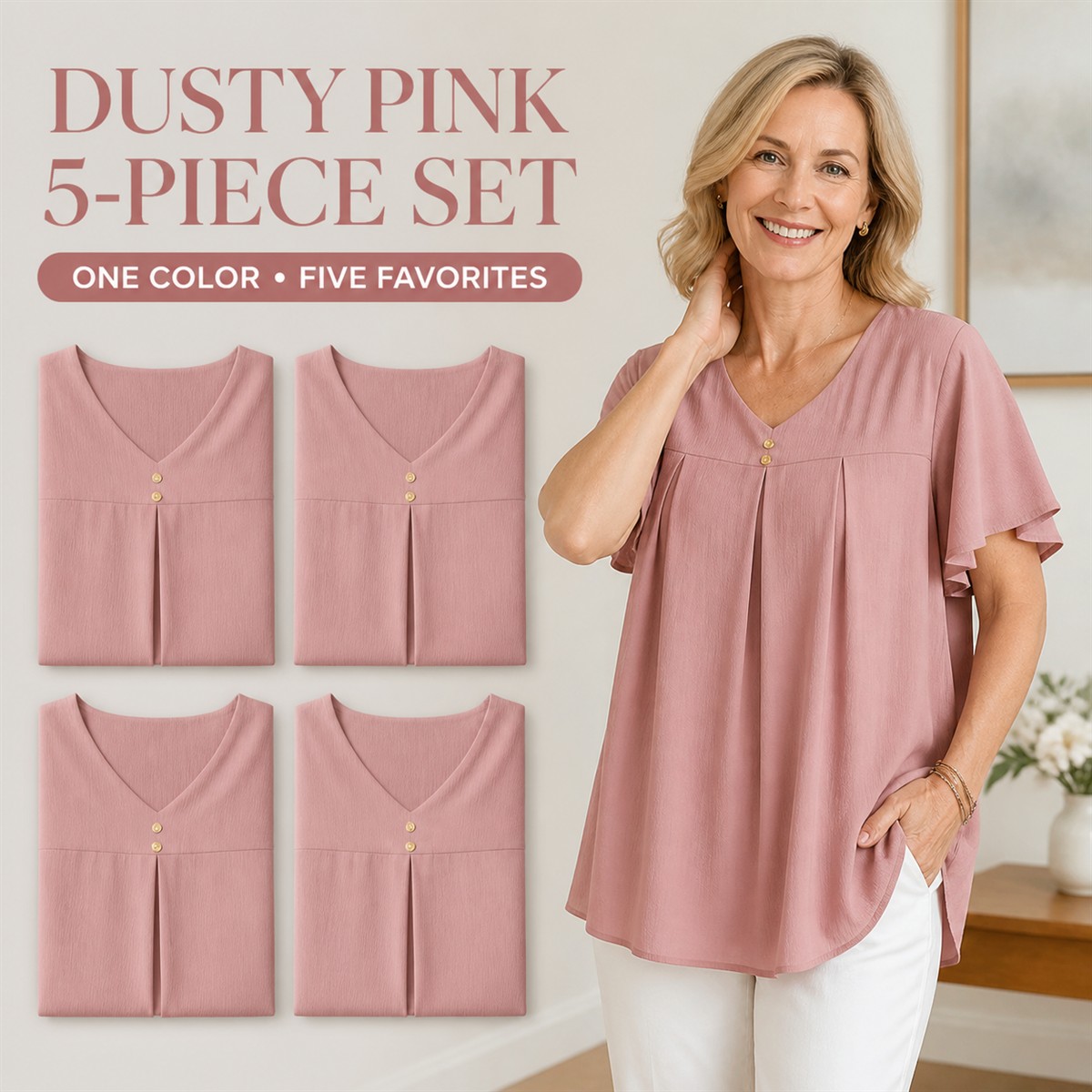 Women's Pleated V-Neck Double-Layer Sleeve Tunic Top - 5-Piece Dusty Pink Set - $21.99