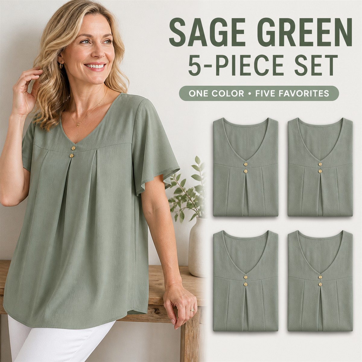 Women's Pleated V-Neck Double-Layer Sleeve Tunic Top - 5-Piece Sage Green Set - $21.99