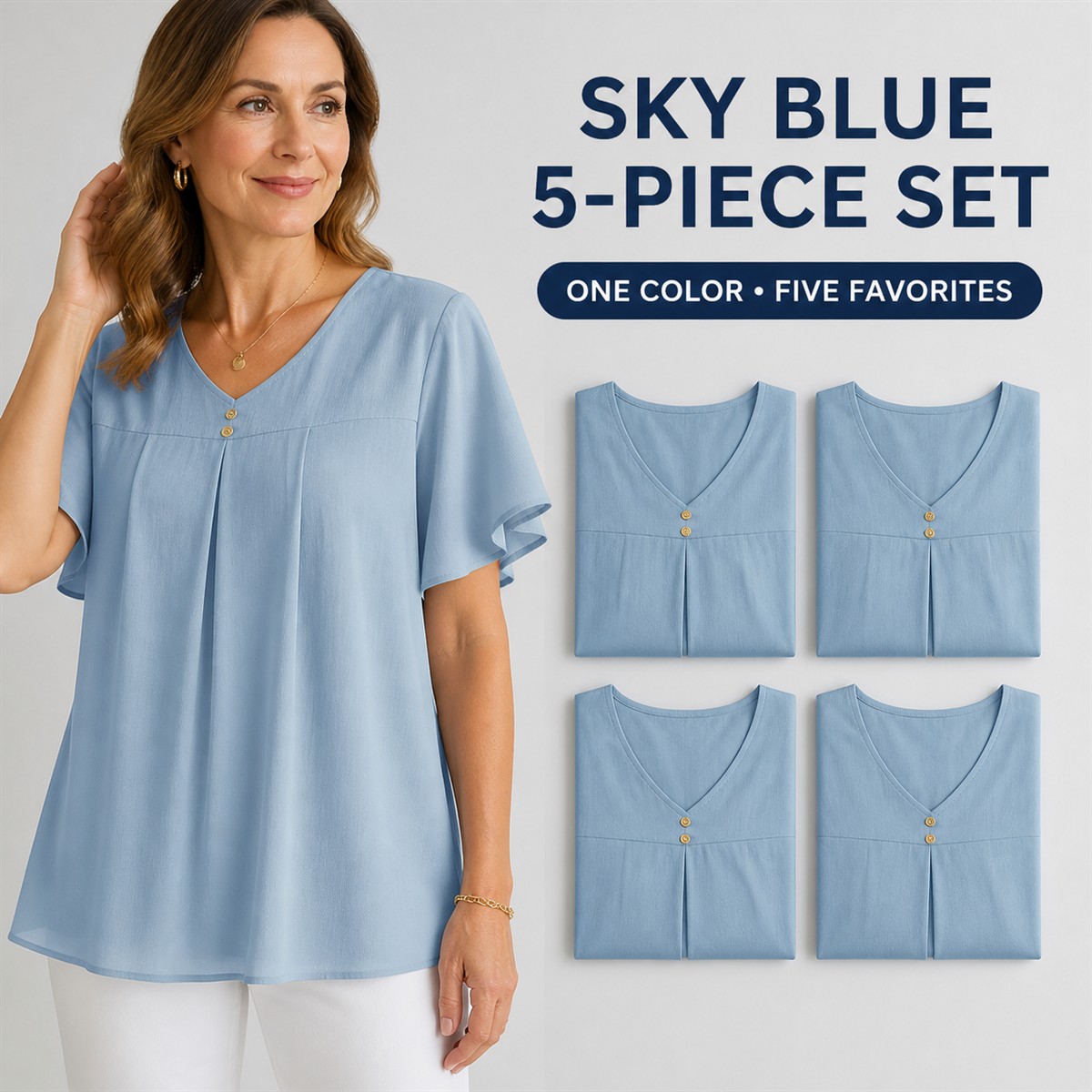 Women's Pleated V-Neck Double-Layer Sleeve Tunic Top - 5-Piece Sky Blue Set - $21.99