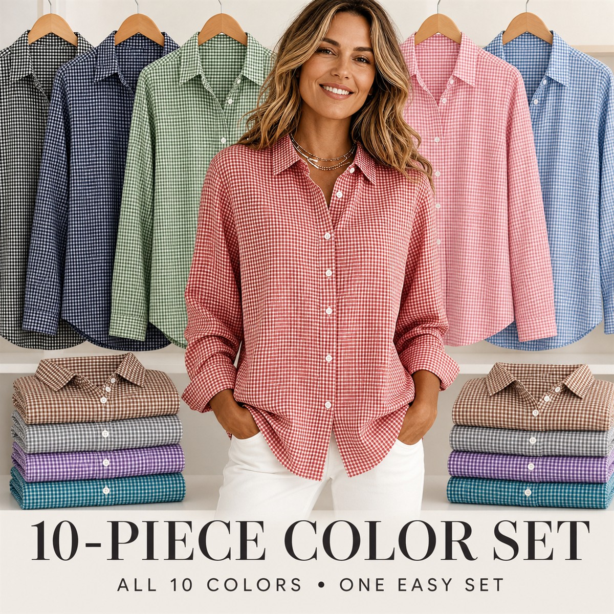 Women's Relaxed Gingham Long-Sleeve Button-Front Shirt - 10-Pack Complete Color Collection - $38.99