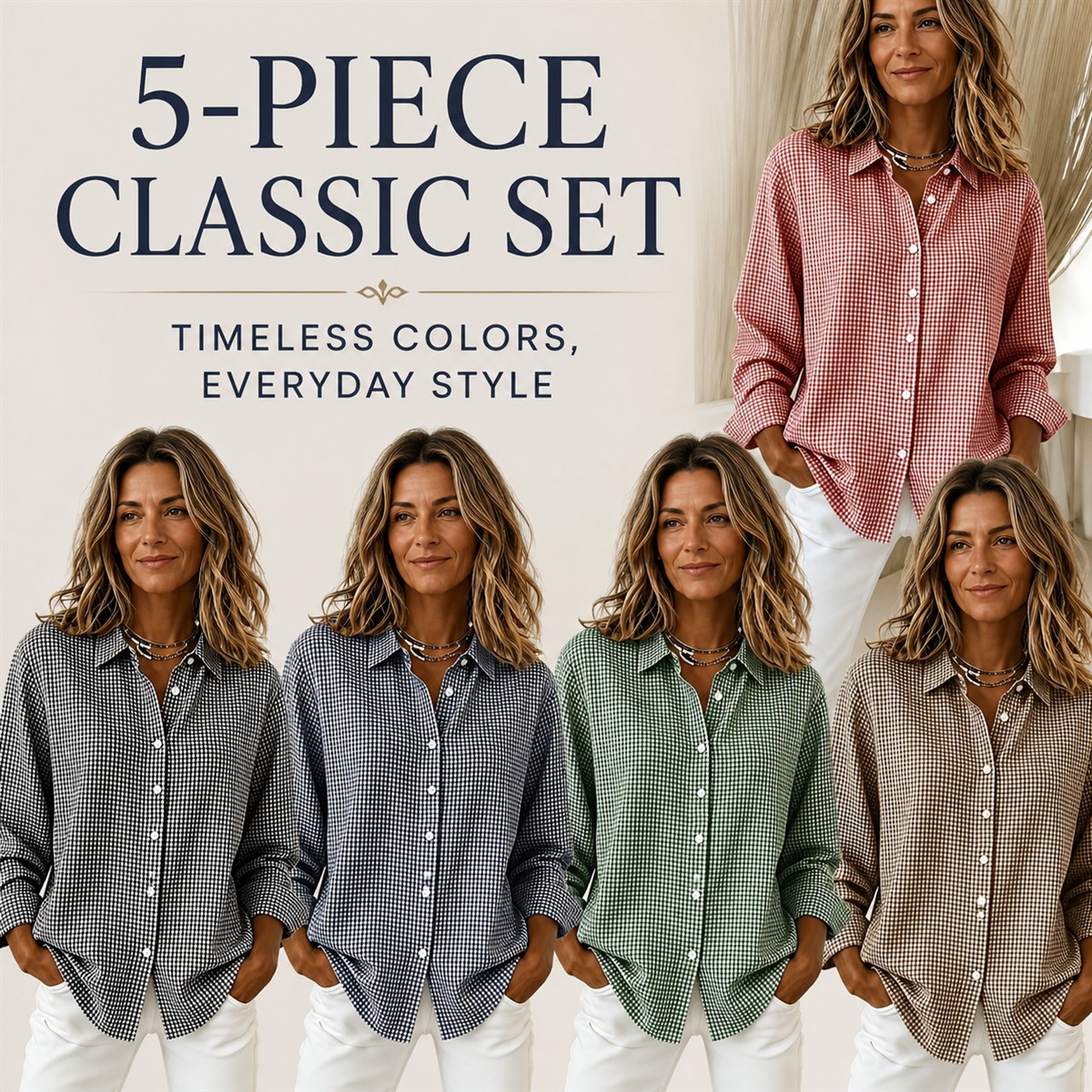 Women's Relaxed Gingham Long-Sleeve Button-Front Shirt - 5-Piece Classic Color Set - $30.99
