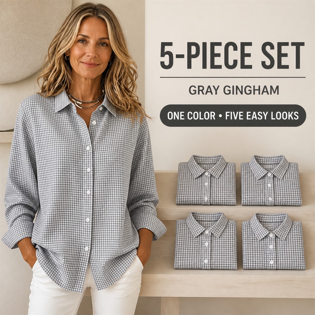 Women's Relaxed Gingham Long-Sleeve Button-Front Shirt - 5-Piece Gray Gingham Set - $22.99