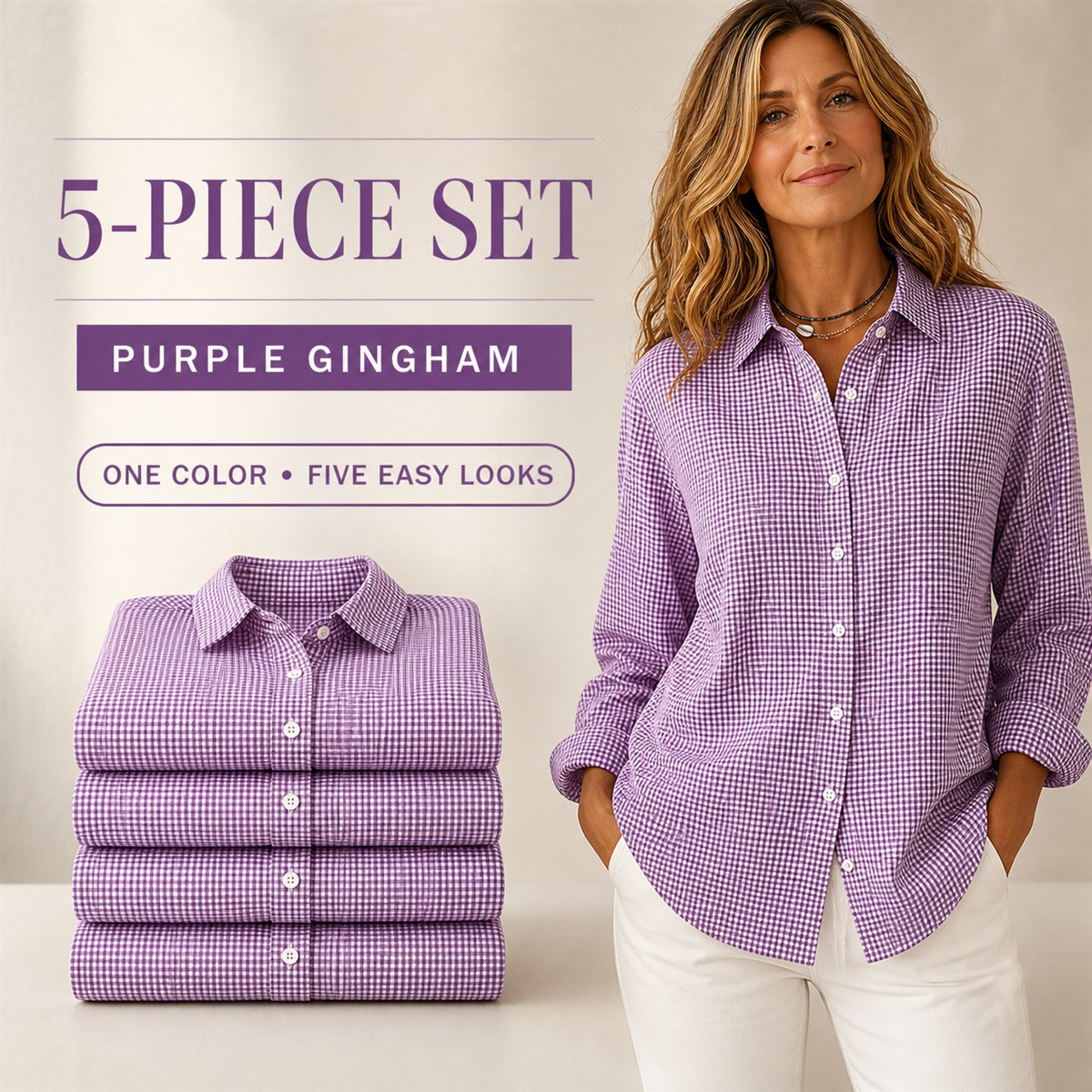 Women's Relaxed Gingham Long-Sleeve Button-Front Shirt - 5-Piece Purple Gingham Set - $22.99