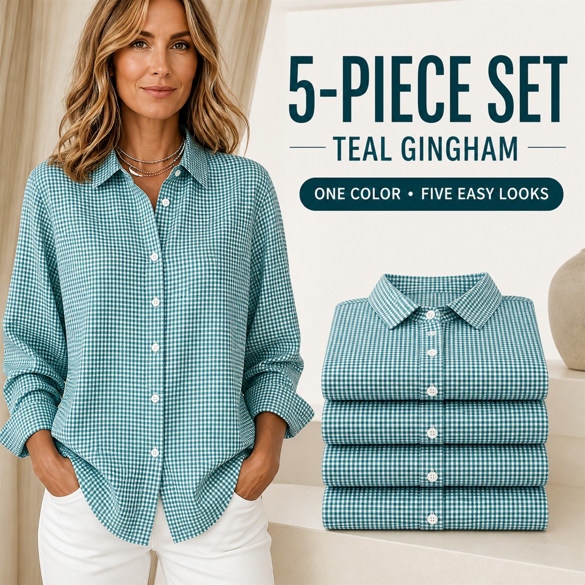 Women's Relaxed Gingham Long-Sleeve Button-Front Shirt - 5-Piece Teal Gingham Set - $22.99