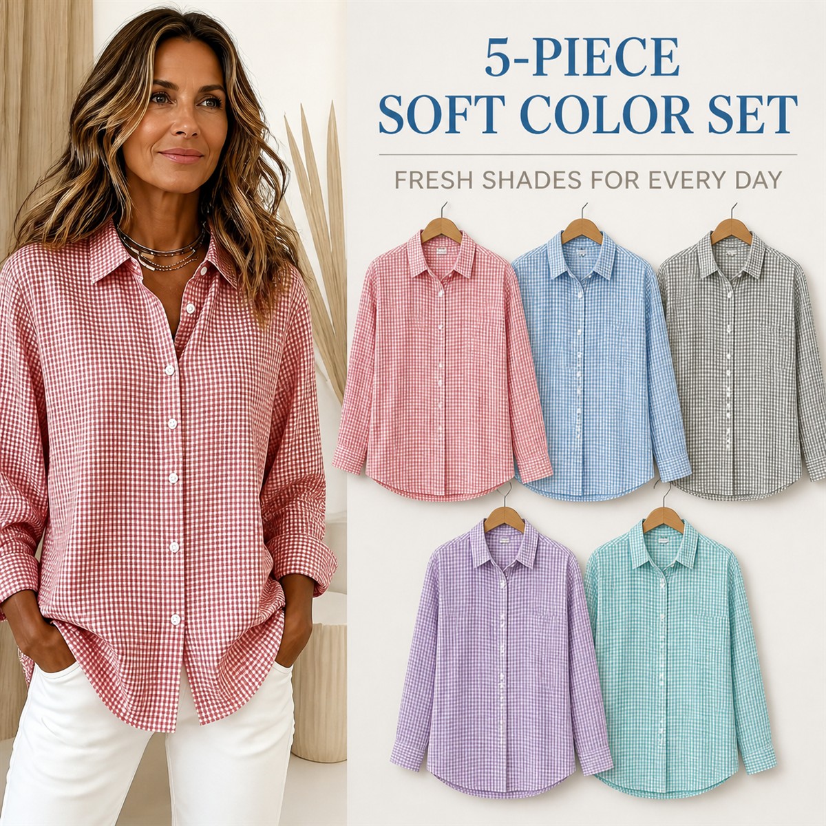 Women's Relaxed Gingham Long-Sleeve Button-Front Shirt - 5-Piece Soft Color Set - $30.99