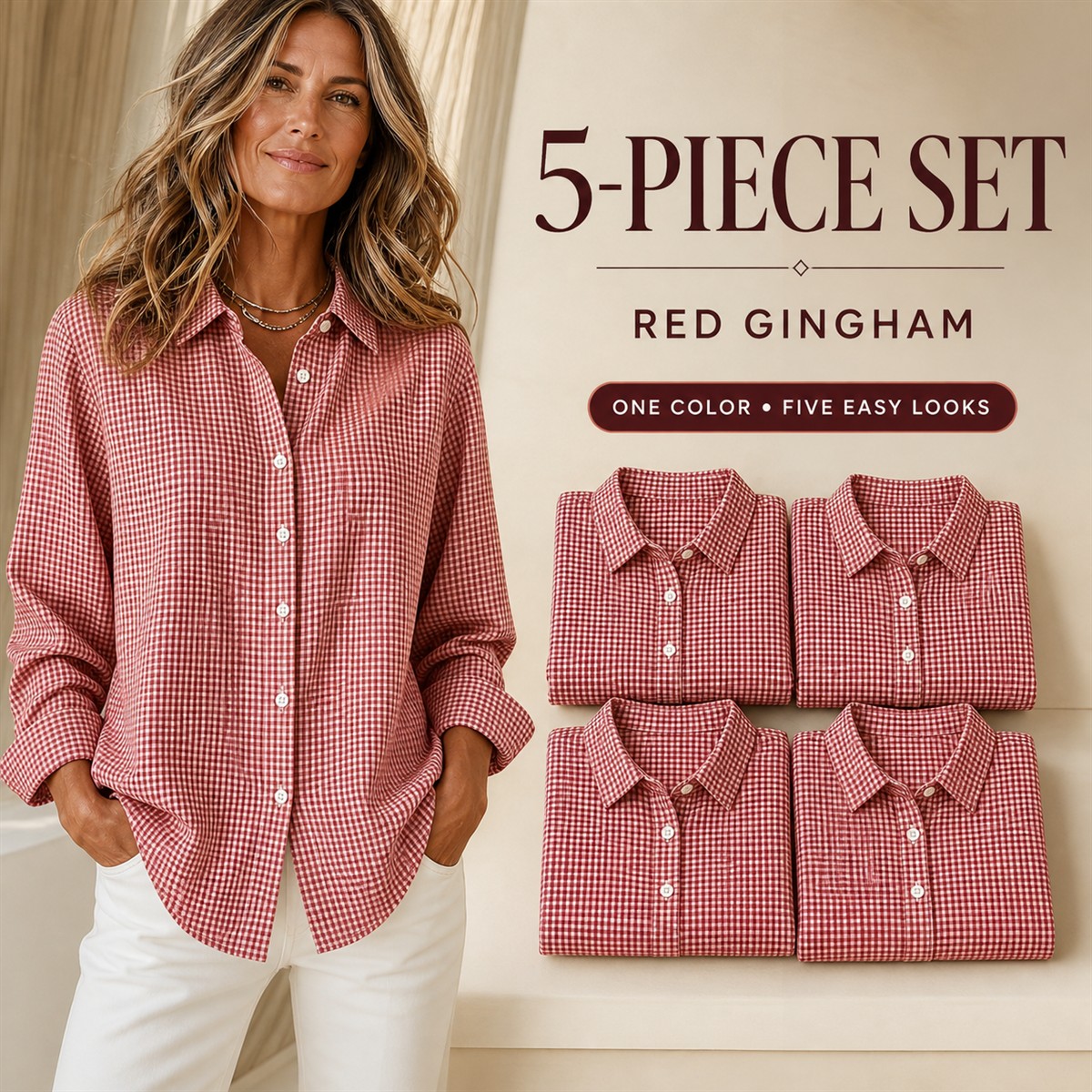 Women's Relaxed Gingham Long-Sleeve Button-Front Shirt - 5-Piece Red Gingham Set - $22.99