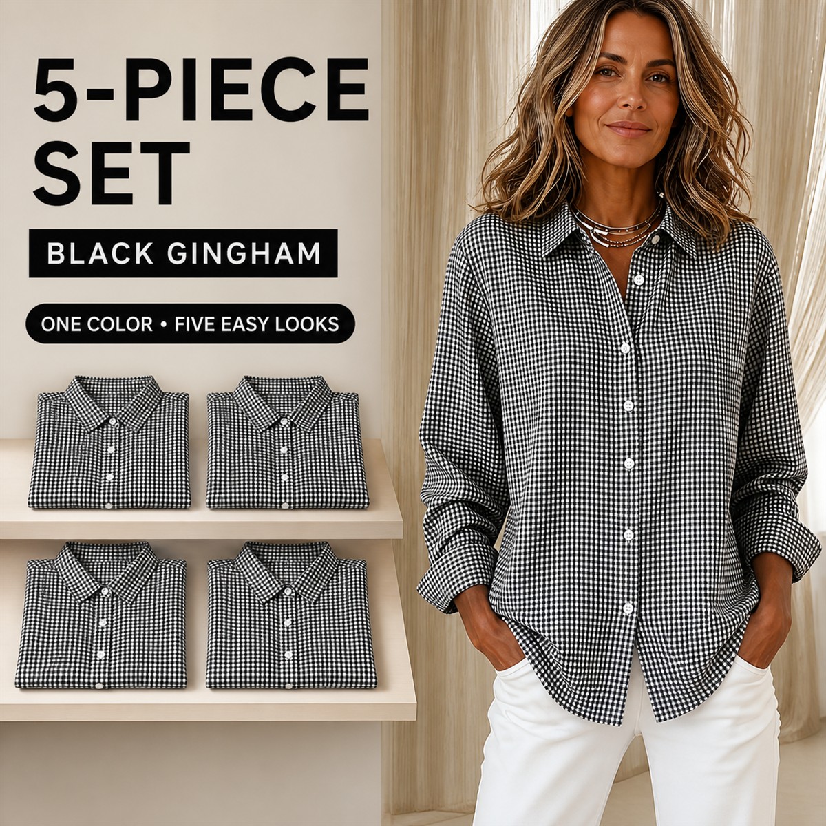 Women's Relaxed Gingham Long-Sleeve Button-Front Shirt - 5-Piece Black Gingham Set - $22.99