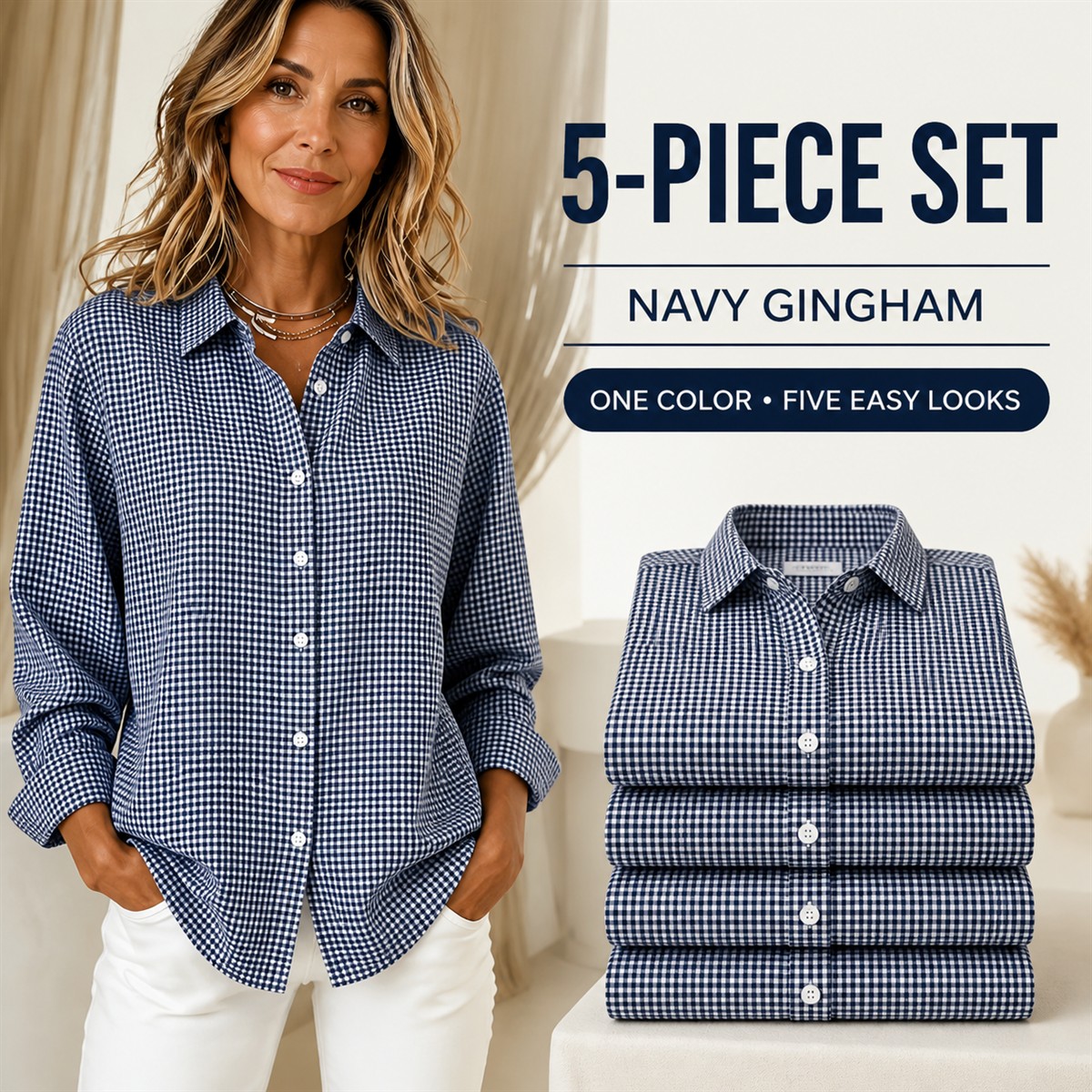 Women's Relaxed Gingham Long-Sleeve Button-Front Shirt - 5-Piece Navy Gingham Set - $22.99