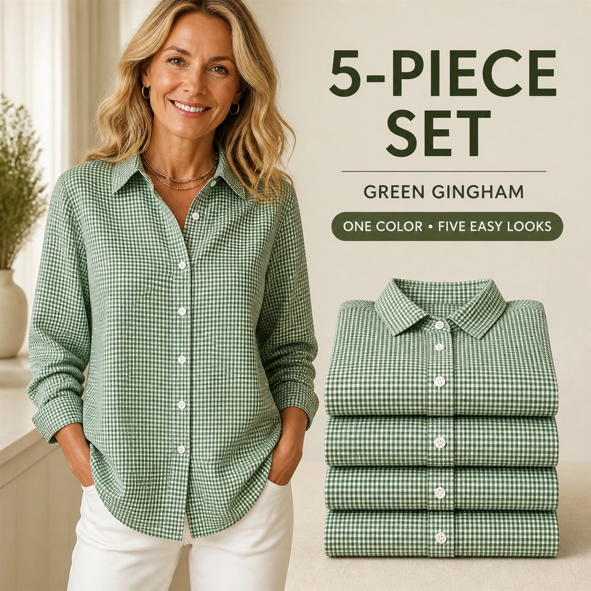 Women's Relaxed Gingham Long-Sleeve Button-Front Shirt - 5-Piece Green Gingham Set - $22.99