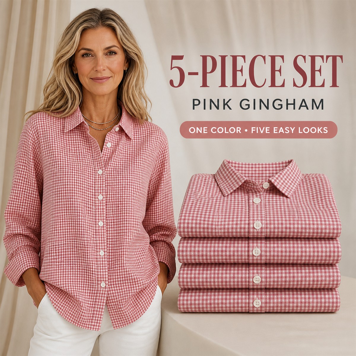 Women's Relaxed Gingham Long-Sleeve Button-Front Shirt - 5-Piece Pink Gingham Set - $22.99