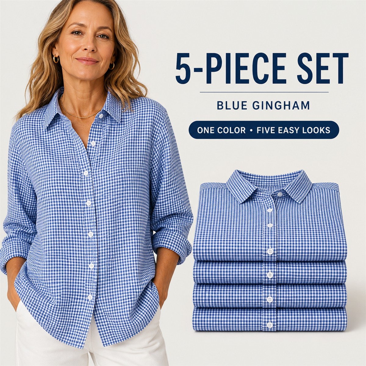 Women's Relaxed Gingham Long-Sleeve Button-Front Shirt - 5-Piece Blue Gingham Set - $22.99