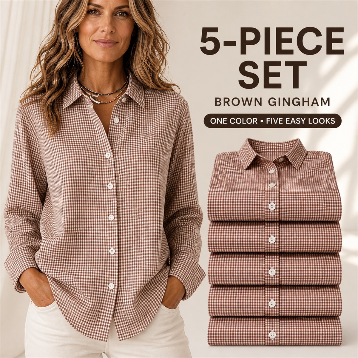 Women's Relaxed Gingham Long-Sleeve Button-Front Shirt - 5-Piece Brown Gingham Set - $22.99