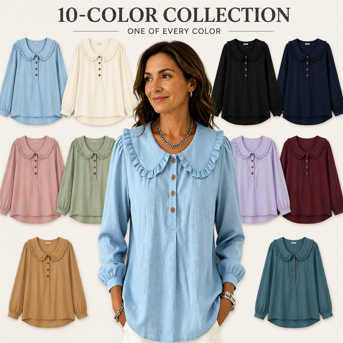 Women's Ruffle-Collar Long-Sleeve Button-Placket Blouse - 10-Pack Complete Color Collection - $38.99